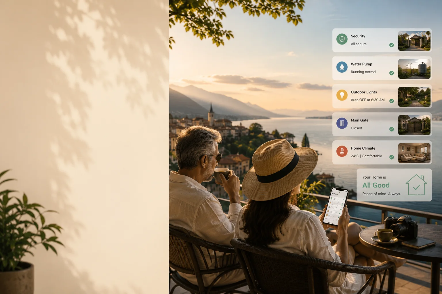 Couple checking home security, lighting and utilities remotely while travelling