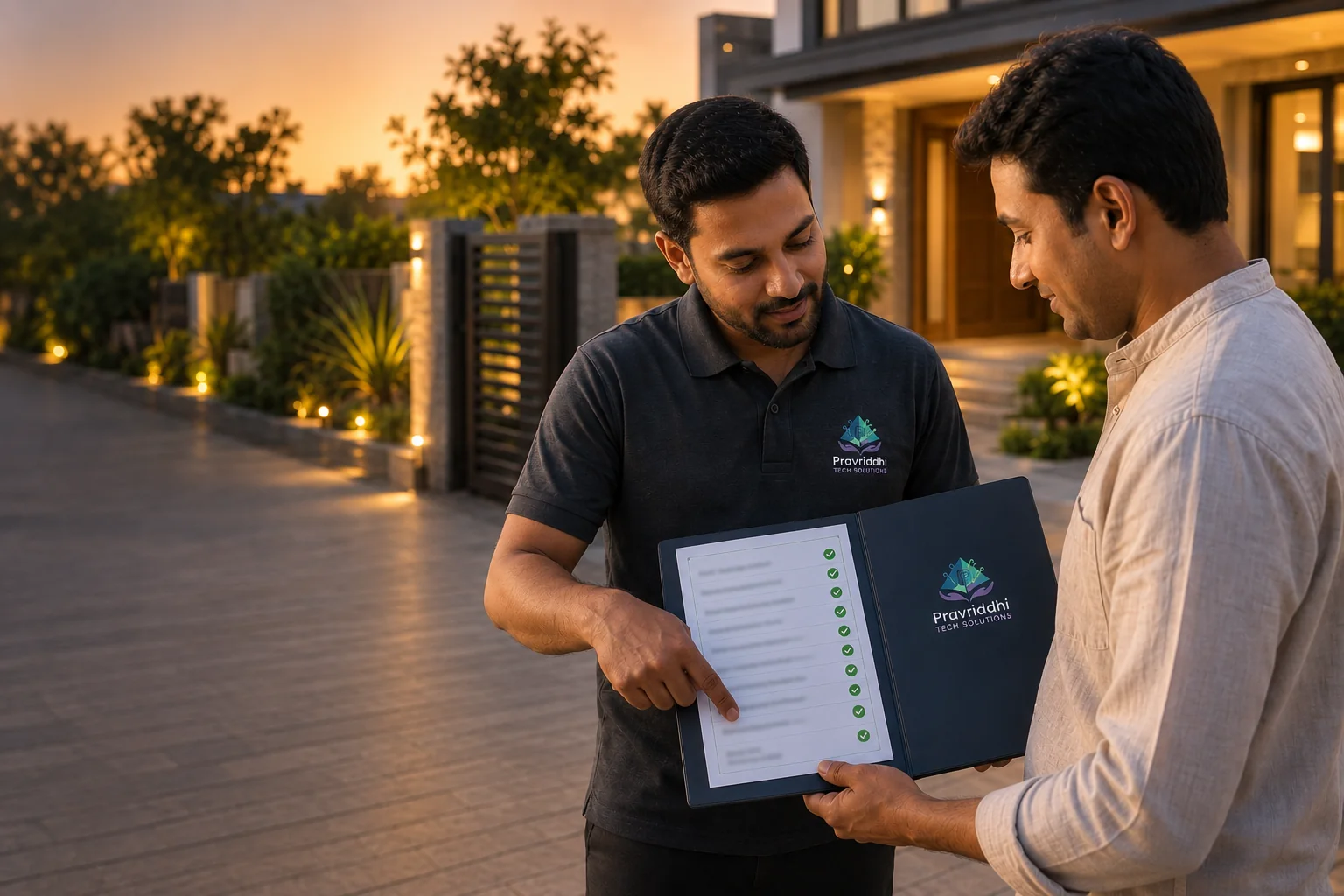 Pravriddhi professional handing over a completed technology solution to a homeowner